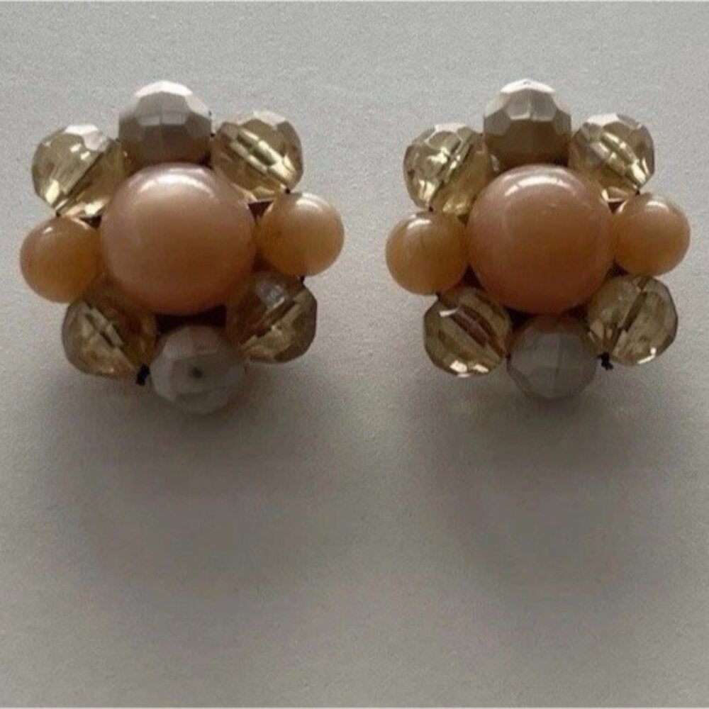 Vintage 1950s Faux Pearl Sea Cream Orange Crystal Cluster Clip on Earrings